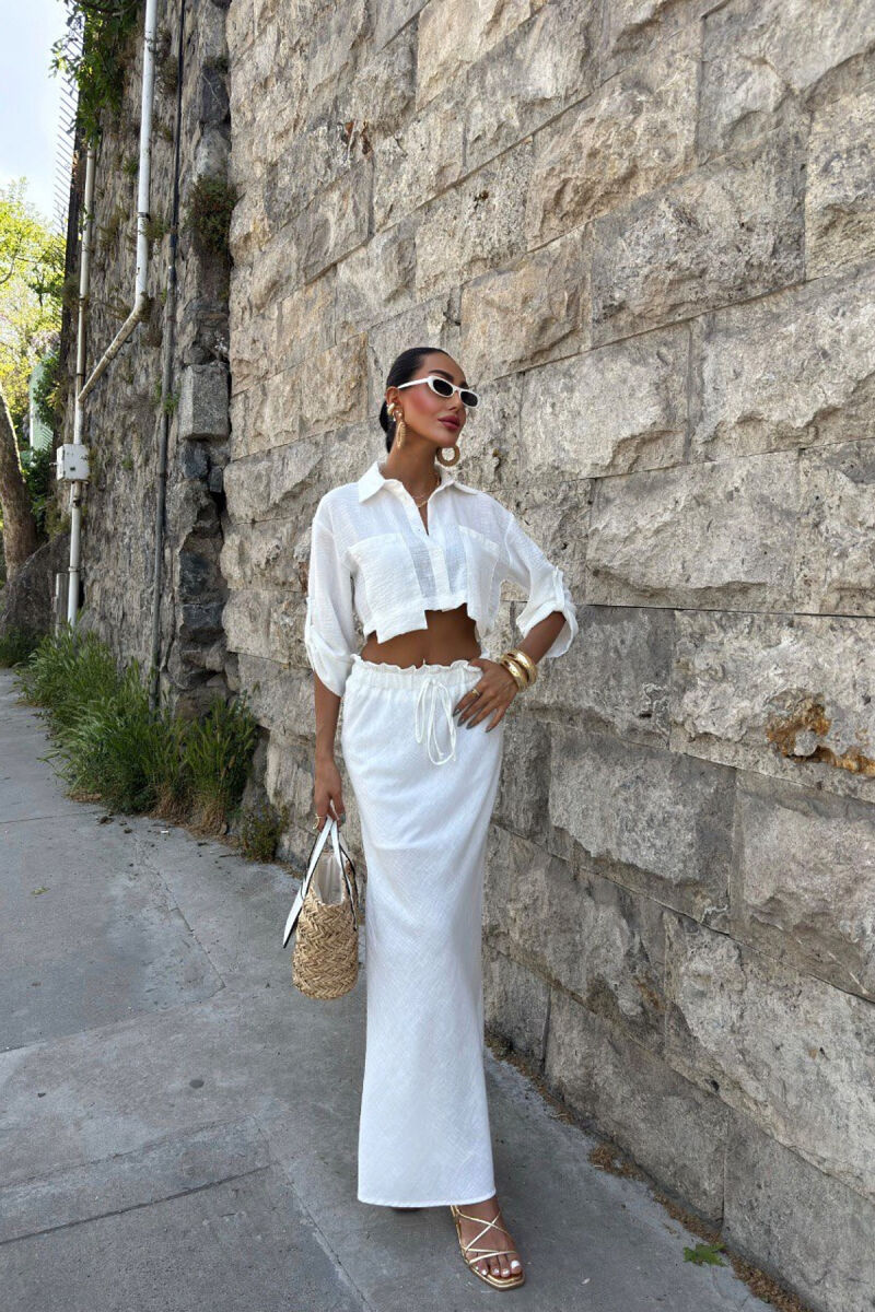 ONE COLOR CROPPED SHIRT+SKIRT WOMEN SET WHITE-E BARDHE - 1