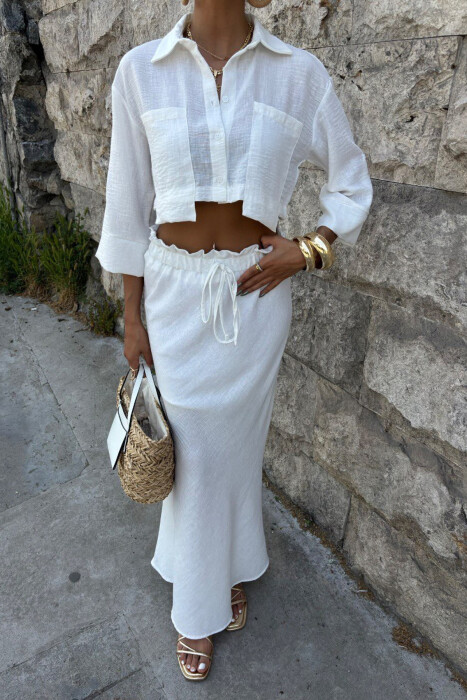 ONE COLOR CROPPED SHIRT+SKIRT WOMEN SET WHITE-E BARDHE - 4