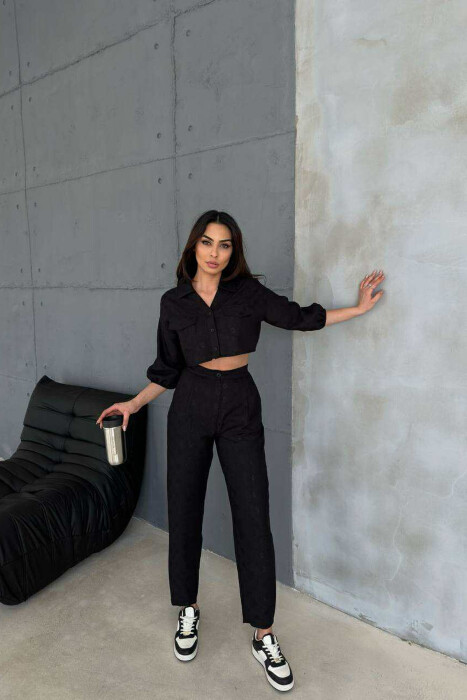 ONE COLOR CROPPED SHIRT+TROUSERS WOMEN SET BLACK/ E ZEZE 