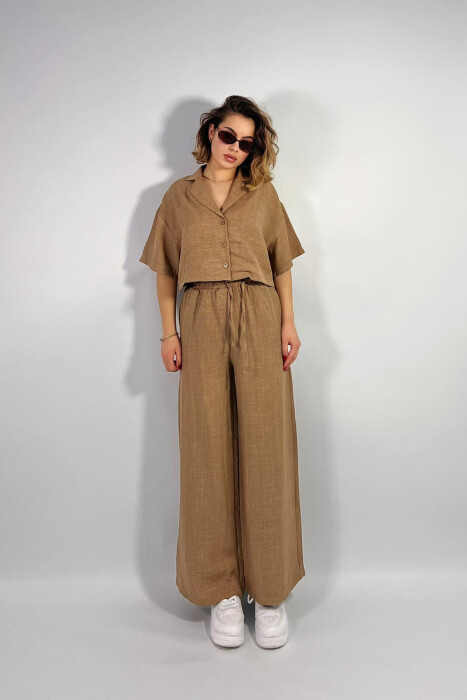 ONE COLOR CROPPED SHIRT+TROUSERS WOMEN SET BROWN/KAFE 