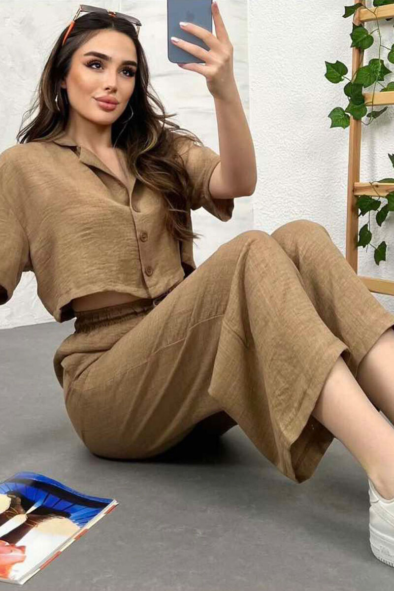 ONE COLOR CROPPED SHIRT+TROUSERS WOMEN SET BROWN/KAFE - 2