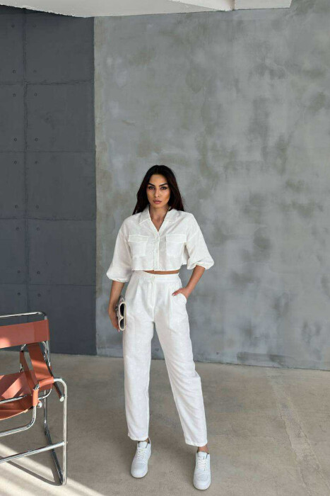 ONE COLOR CROPPED SHIRT+TROUSERS WOMEN SET WHITE-E BARDHE 
