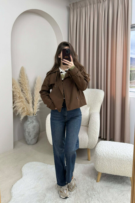 ONE COLOR CROPPED TRENCH WOMAN COAT BROWN/KAFE 