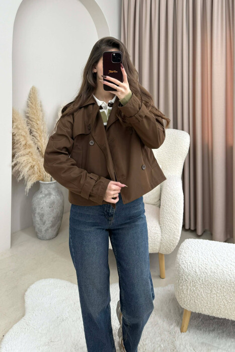 ONE COLOR CROPPED TRENCH WOMAN COAT BROWN/KAFE 