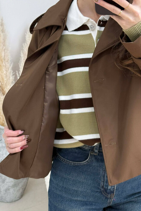 ONE COLOR CROPPED TRENCH WOMAN COAT BROWN/KAFE - 3