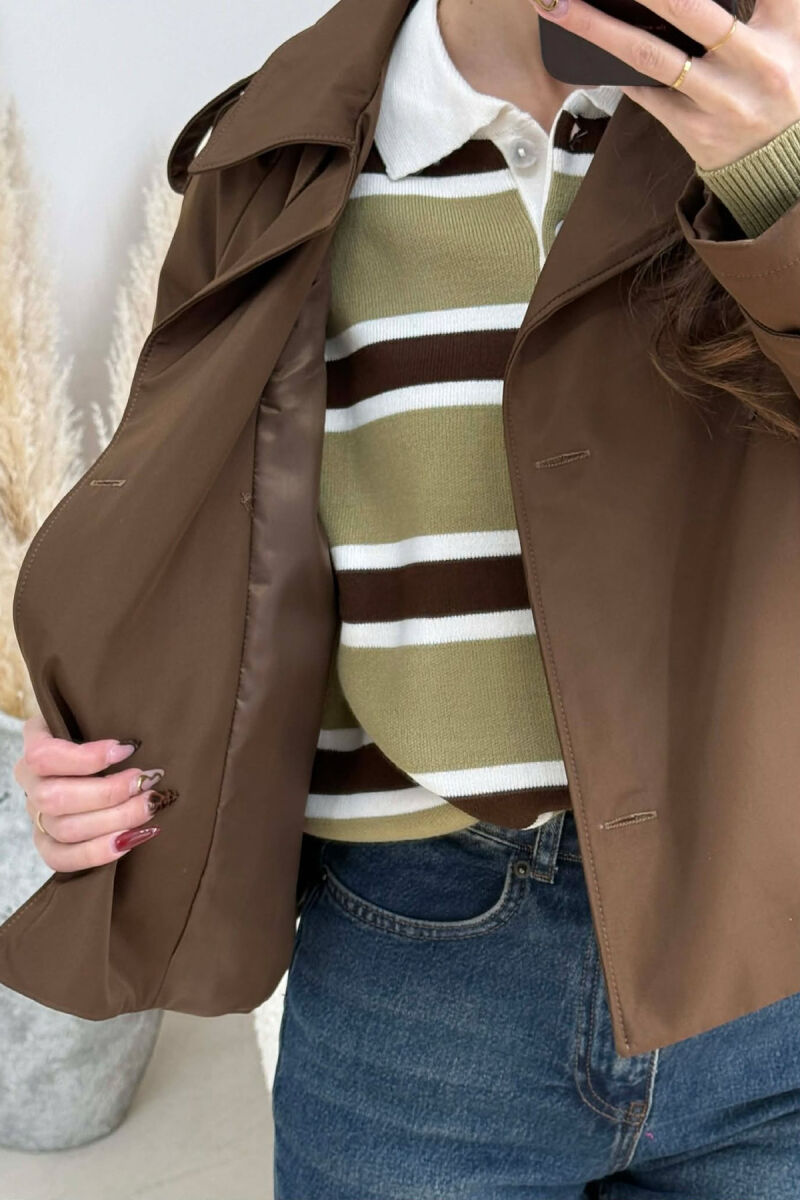 ONE COLOR CROPPED TRENCH WOMAN COAT BROWN/KAFE - 3