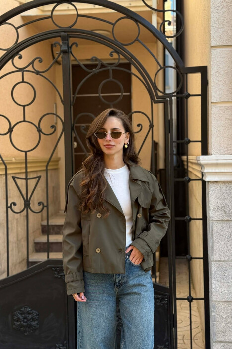 ONE COLOR CROPPED TRENCH WOMAN COAT GREEN/JESHILE - KLAUDIO FASHION