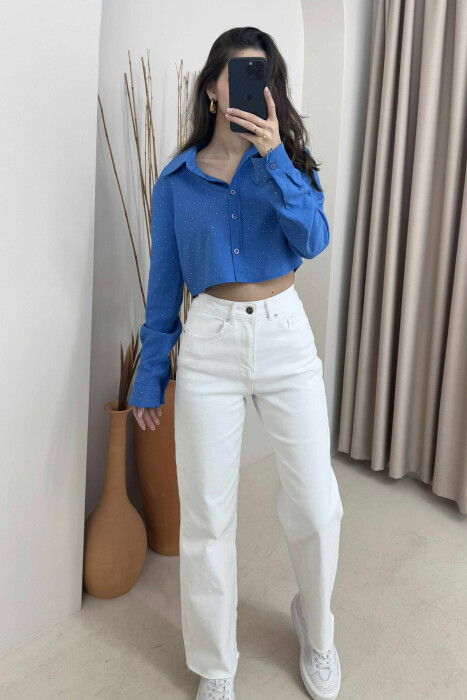 ONE COLOR CROPPED WOMEN SHIRT BLUE/BLU - 3