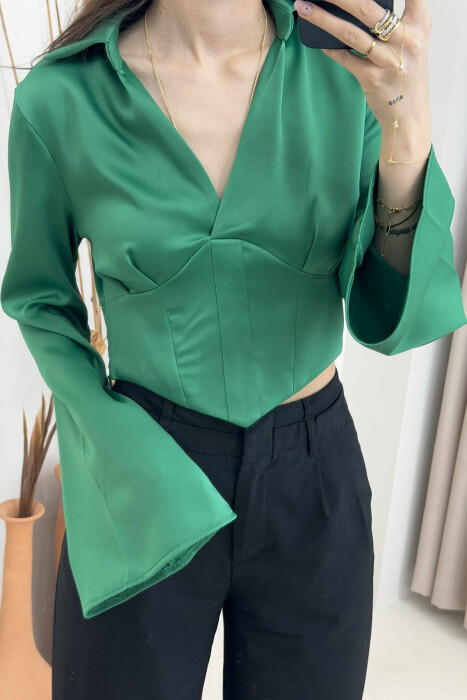 ONE COLOR CROPPED WOMEN SHIRT GREEN/JESHILE - 1