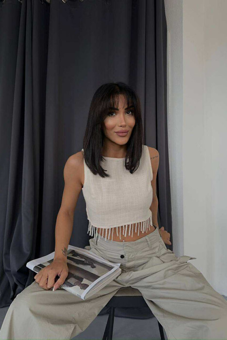 ONE COLOR CROPPED WOMEN TANK TOP CREAM/KREM - KLAUDIO FASHION