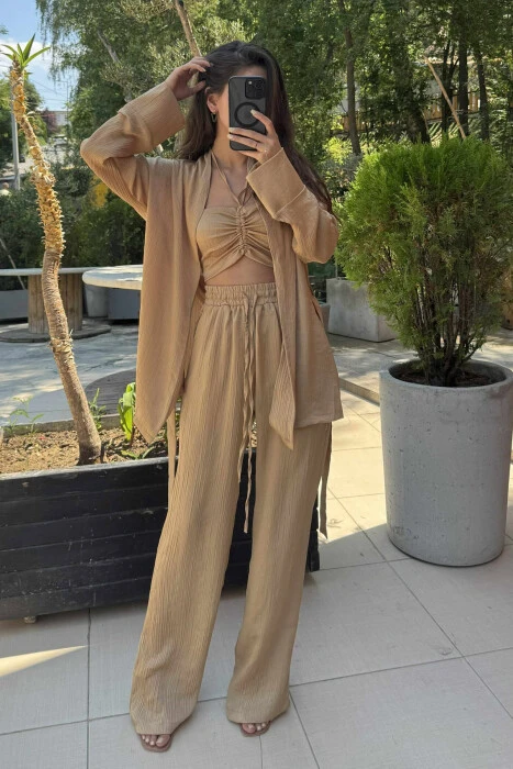 ONE COLOR CROP+SHIRT+TROUSERS WOMEN SET BEIGE/BEZHE 