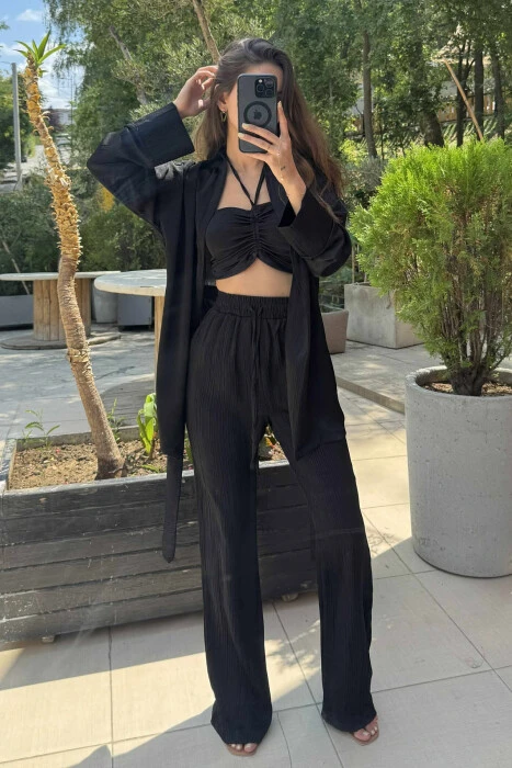 ONE COLOR CROP+SHIRT+TROUSERS WOMEN SET BLACK/ E ZEZE - 1