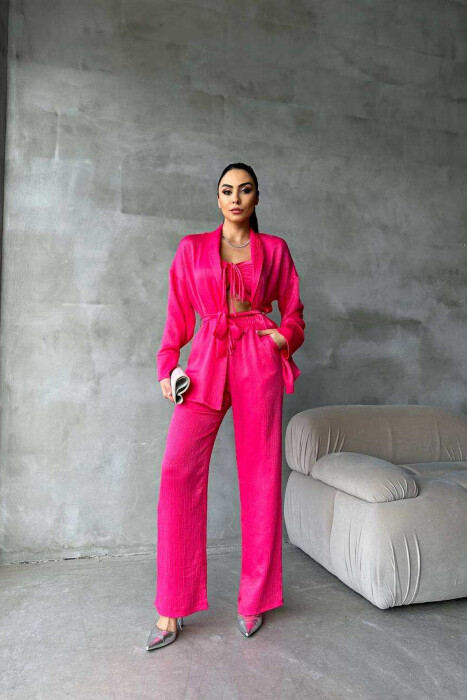 ONE COLOR CROP+SHIRT+TROUSERS WOMEN SET FUCHSIA/CIKLAMI 
