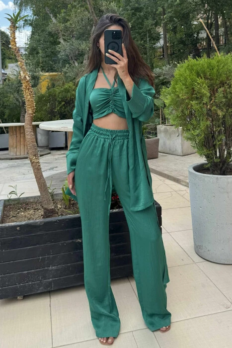 ONE COLOR CROP+SHIRT+TROUSERS WOMEN SET GREEN/JESHILE 