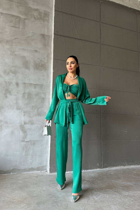 SET NJË NGJYRËSH KËMISHË+CROP+PANTALLONA PËR FEMRA NË NGJYRË JESHILE 