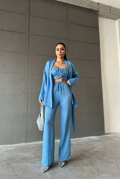 ONE COLOR CROP+SHIRT+TROUSERS WOMEN SET LIGHTBLUE/BZ 