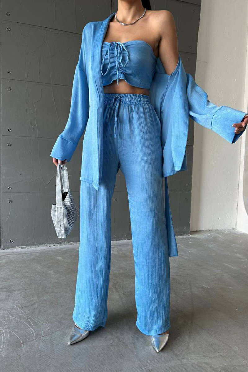 ONE COLOR CROP+SHIRT+TROUSERS WOMEN SET LIGHTBLUE/BZ - 9