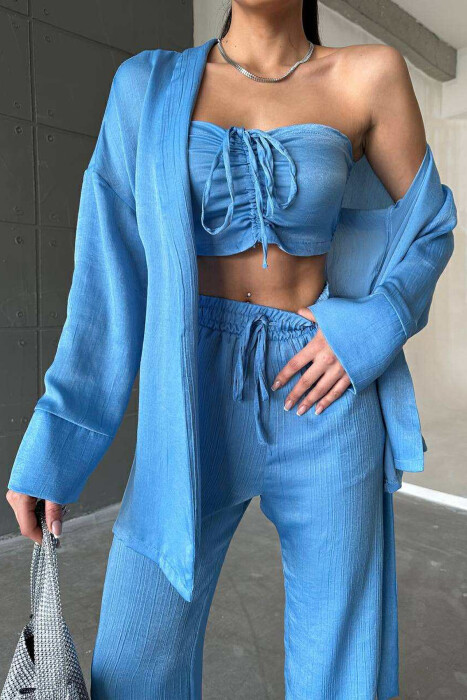 ONE COLOR CROP+SHIRT+TROUSERS WOMEN SET LIGHTBLUE/BZ - 18
