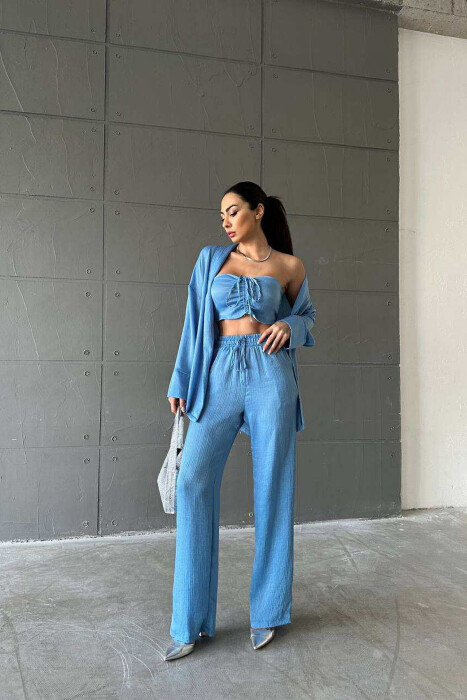 ONE COLOR CROP+SHIRT+TROUSERS WOMEN SET LIGHTBLUE/BZ - 20