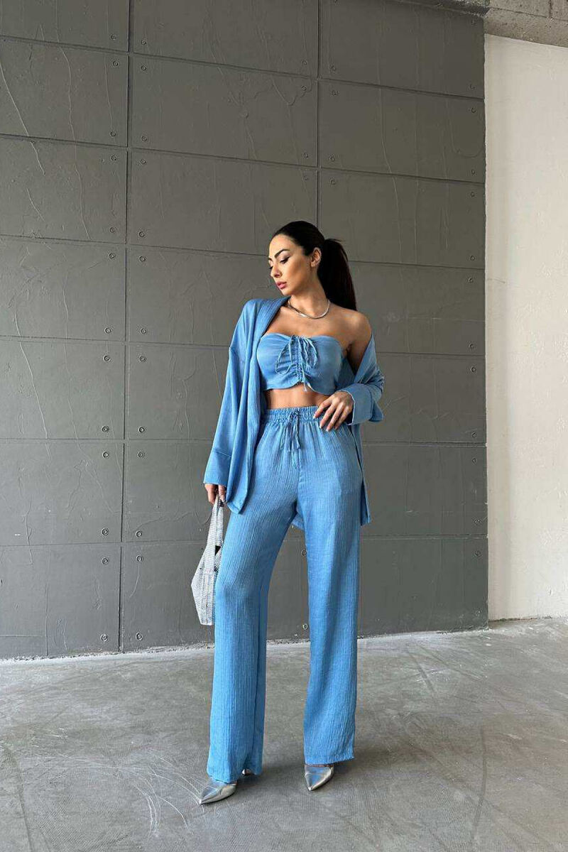 ONE COLOR CROP+SHIRT+TROUSERS WOMEN SET LIGHTBLUE/BZ - 20