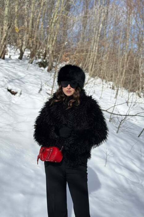 ONE COLOR CURLY FAUX FUR WOMAN COAT BLACK/ E ZEZE - 1