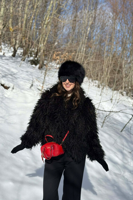 ONE COLOR CURLY FAUX FUR WOMAN COAT BLACK/ E ZEZE - 3