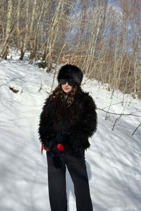 ONE COLOR CURLY FAUX FUR WOMAN COAT BLACK/ E ZEZE - 4