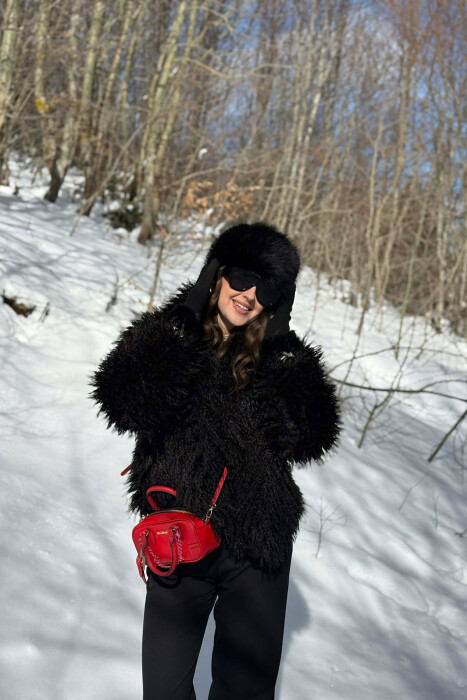 ONE COLOR CURLY FAUX FUR WOMAN COAT BLACK/ E ZEZE - 7