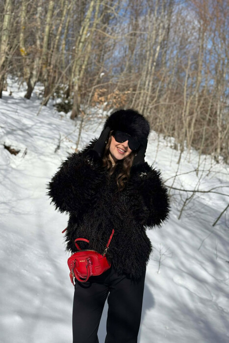 ONE COLOR CURLY FAUX FUR WOMAN COAT BLACK/ E ZEZE - 8