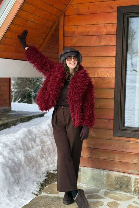ONE COLOR CURLY FAUX FUR WOMAN COAT BURGUNDY/VISHNJE - 2