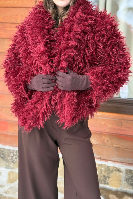 ONE COLOR CURLY FAUX FUR WOMAN COAT BURGUNDY/VISHNJE - 4