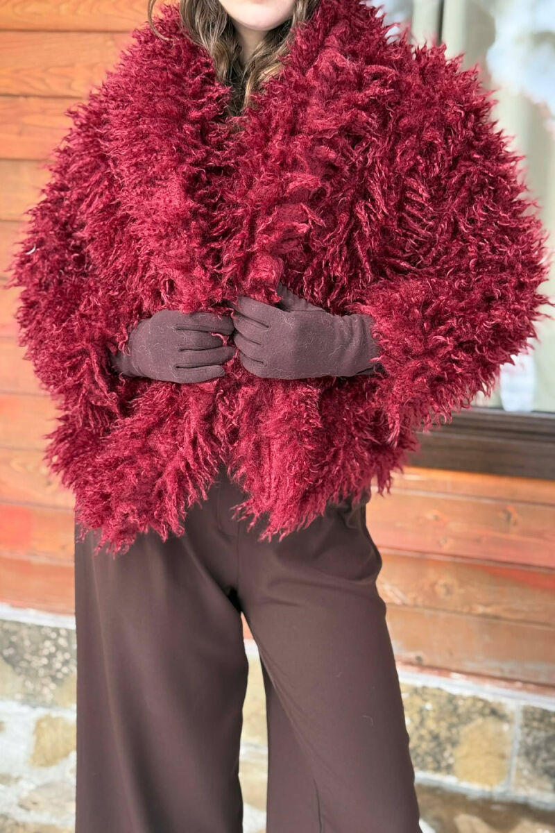 ONE COLOR CURLY FAUX FUR WOMAN COAT BURGUNDY/VISHNJE - 4
