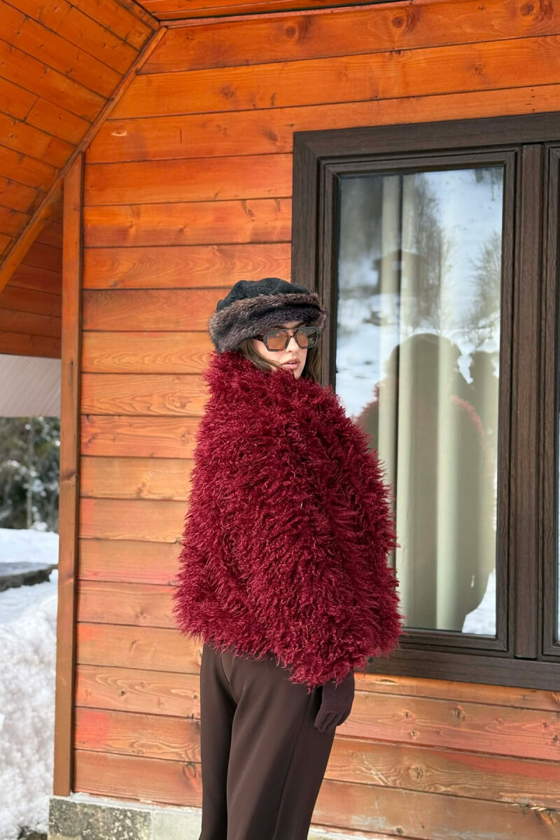 ONE COLOR CURLY FAUX FUR WOMAN COAT BURGUNDY/VISHNJE - 5