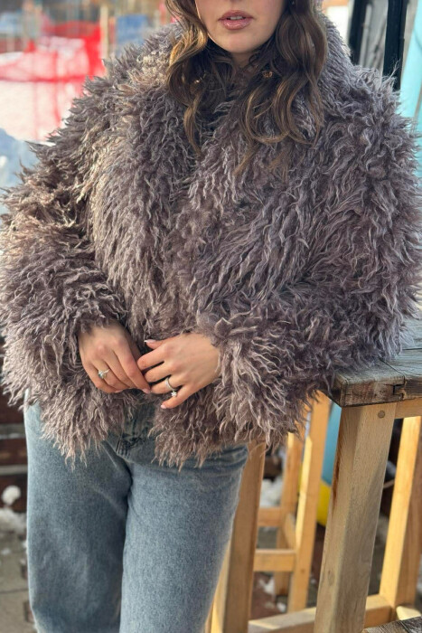 ONE COLOR CURLY FAUX FUR WOMAN COAT LIGHT BROWN/KAZB - 4