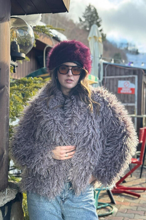 ONE COLOR CURLY FAUX FUR WOMAN COAT LIGHT BROWN/KAZB - 5