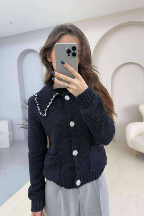 ONE COLOR DETAILS WOMEN CARDIGAN DARK BLUE/BEE - 2