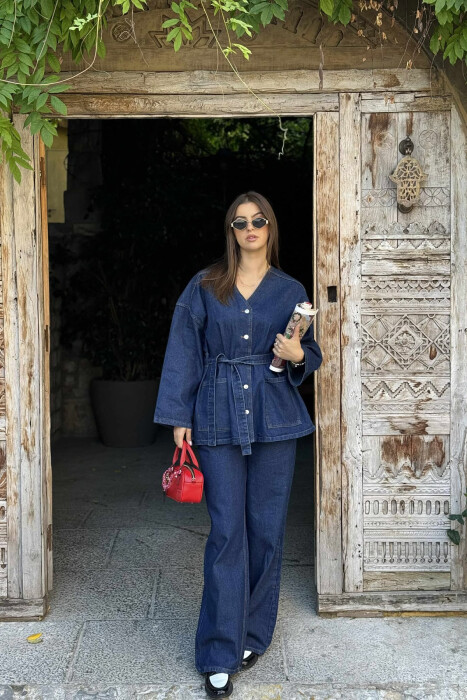 ONE COLOR DENIM V NECK JACKET+JEANS WOMEN SET BLUE/BLU - KLAUDIO FASHION