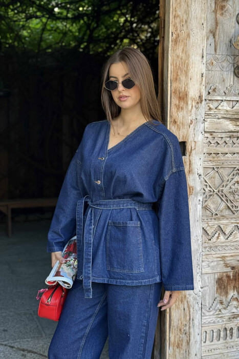 ONE COLOR DENIM V NECK JACKET+JEANS WOMEN SET BLUE/BLU - 4