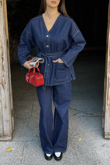 ONE COLOR DENIM V NECK JACKET+JEANS WOMEN SET BLUE/BLU - 6