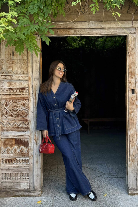 ONE COLOR DENIM V NECK JACKET+JEANS WOMEN SET BLUE/BLU - 2