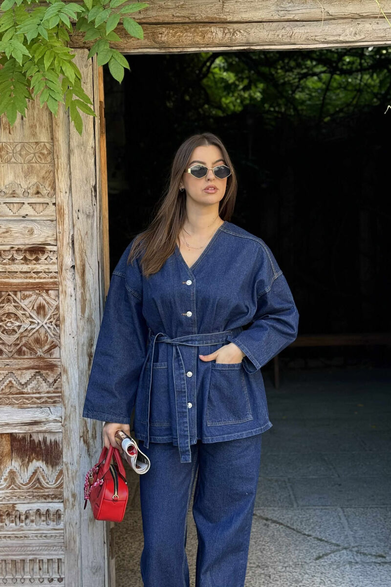 ONE COLOR DENIM V NECK JACKET+JEANS WOMEN SET BLUE/BLU - 3