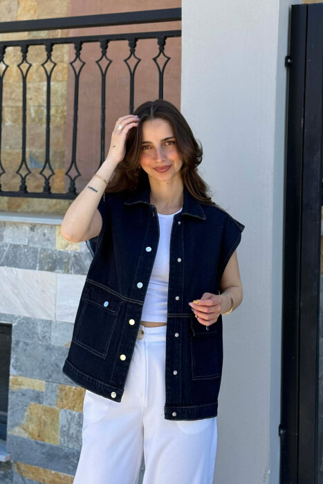 ONE COLOR DENIM WOMAN VEST DARK BLUE/BEE - 1