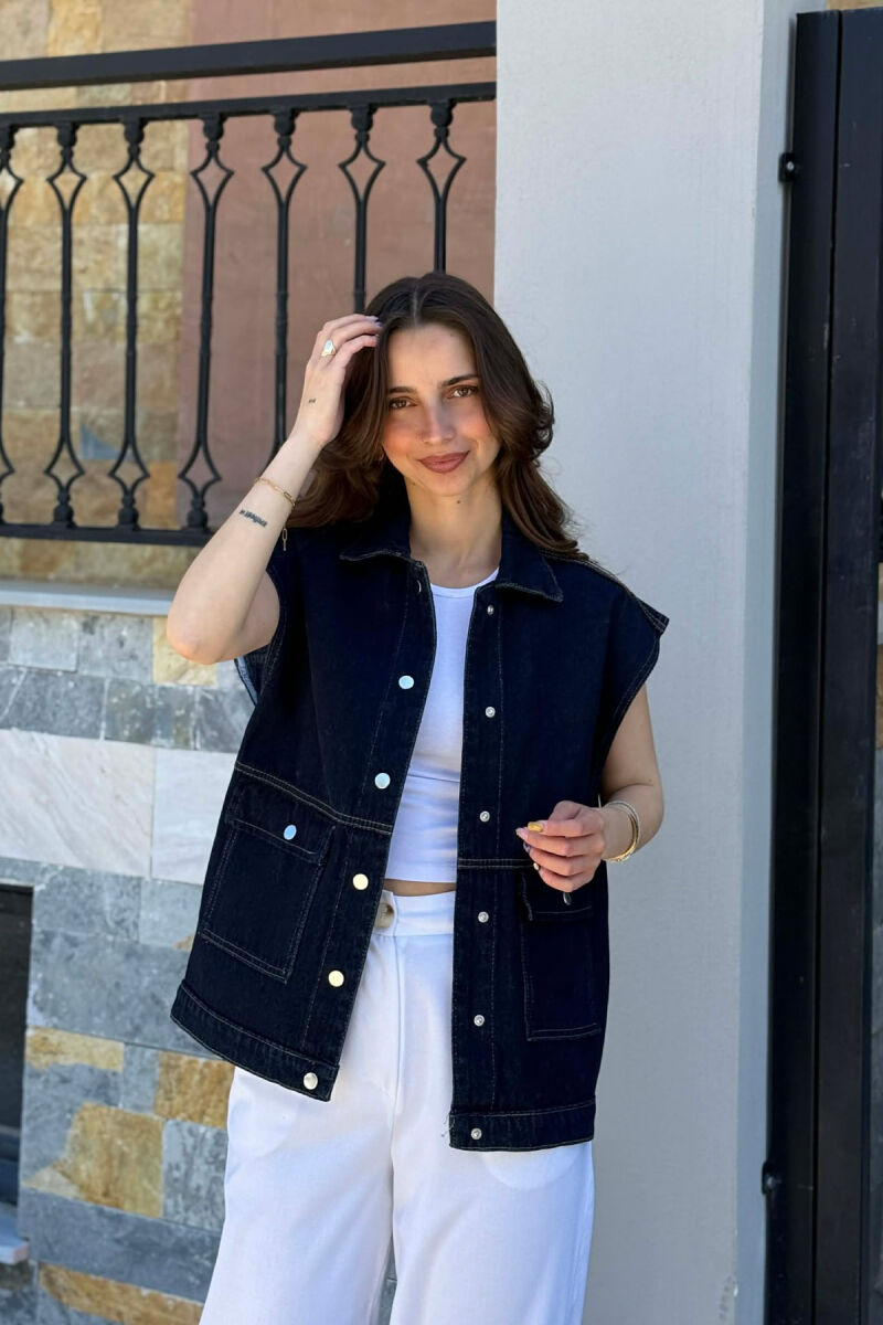 ONE COLOR DENIM WOMAN VEST DARK BLUE/BEE - 1