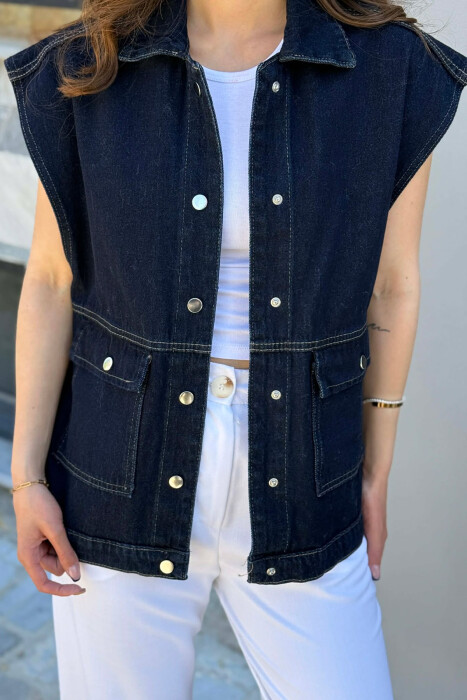 ONE COLOR DENIM WOMAN VEST DARK BLUE/BEE - 5