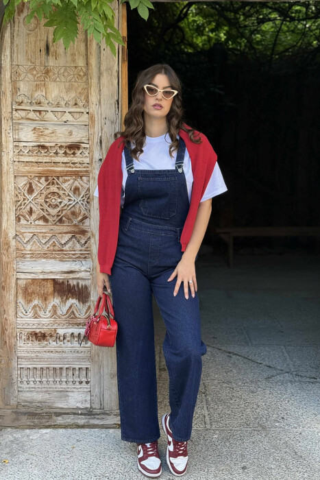 ONE COLOR DENIM WOMEN JUMPSUIT DARK BLUE/BEE - KLAUDIO FASHION