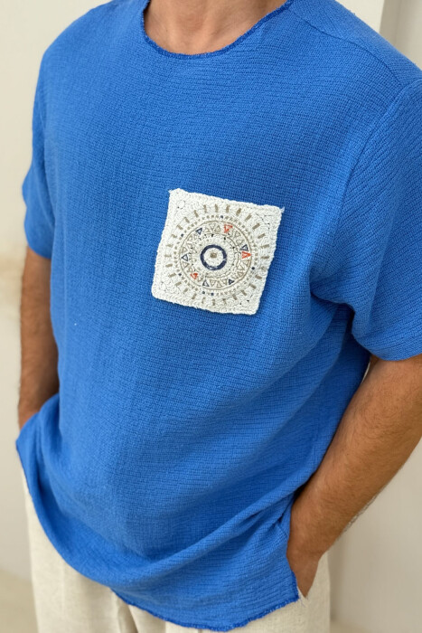 ONE COLOR DETAILED MEN T-SHIRT BLUE/BLU - 3