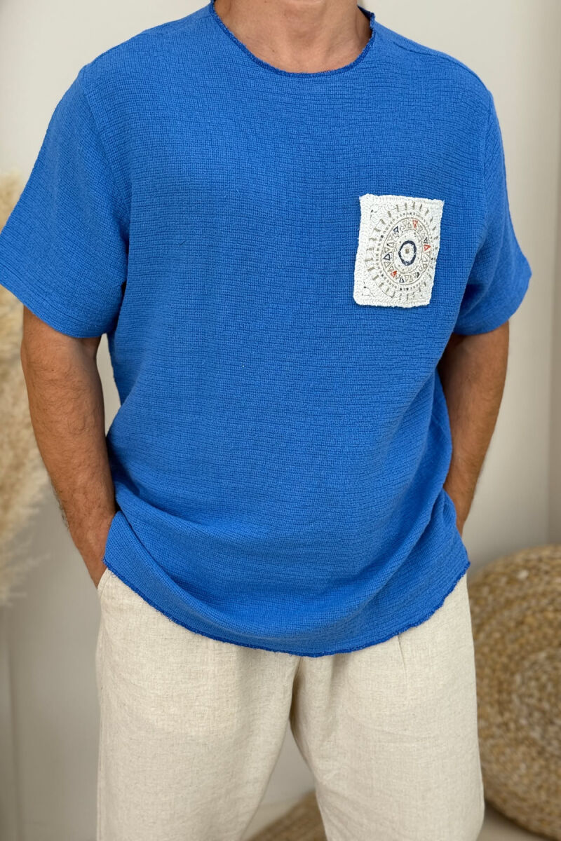 ONE COLOR DETAILED MEN T-SHIRT BLUE/BLU - 4