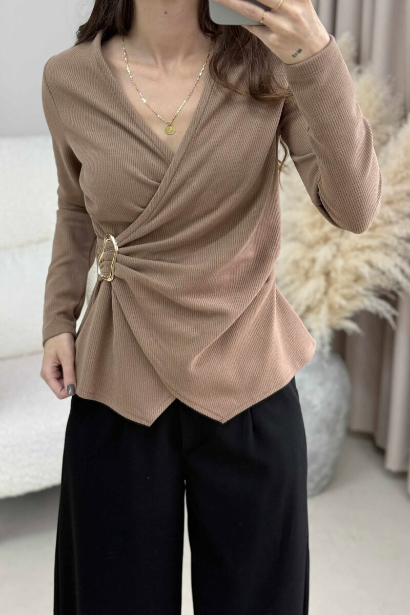 ONE COLOR DETAILED WOMEN SWEATSHIRT BROWN/KAFE - 3