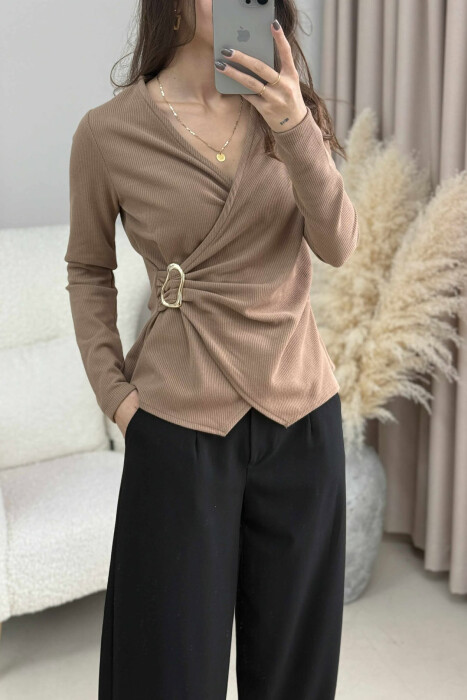 ONE COLOR DETAILED WOMEN SWEATSHIRT BROWN/KAFE - 4