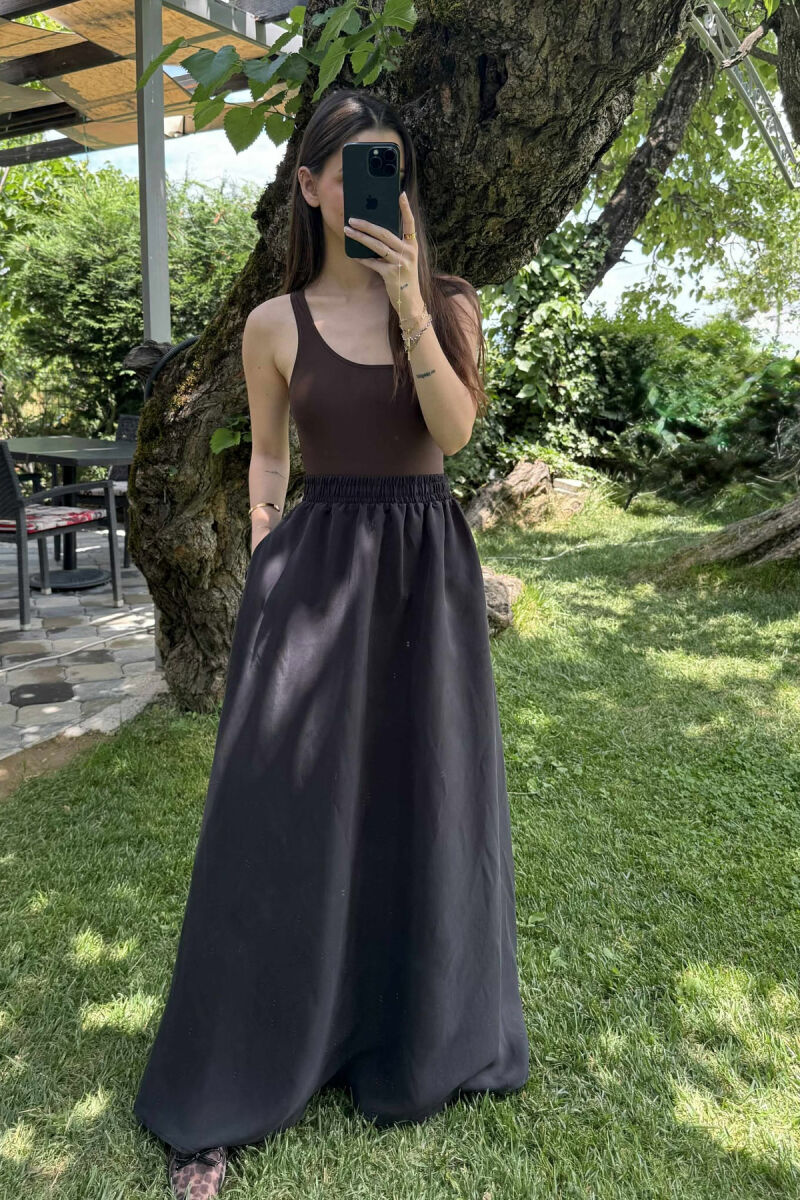 ONE COLOR EALSTIC SIMPLE LONG WOMEN SKIRT BLACK/ E ZEZE - 4